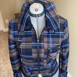 Le Chateau Blue and Brown Blazer with Plaid Pattern Tartan Biker Rocker